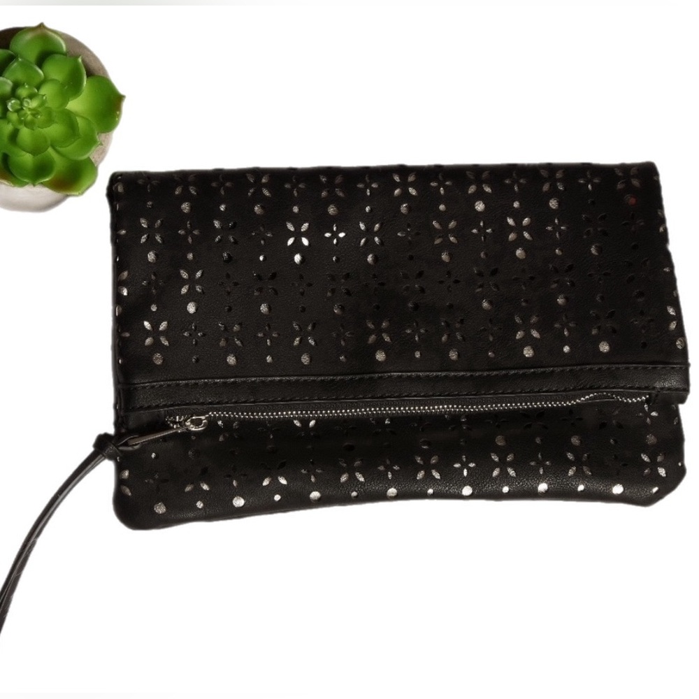 Kaari Blue black & silver floral fold over clutch